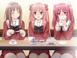  3: 3girls ^_^ azumi_risa blue_eyes blush bow brown_hair closed_eyes cup flying_sweatdrops game_cg hair_ribbon hairbow kani_biimu kitajima_sara multiple_girls oda_nanami open_mouth red_eyes red_hair ribbon school_uniform serafuku smile sono_hanabira_ni_kuchizuke_wo spoon st._michael&#039;s_school_uniform thighhighs twintails two_side_up 