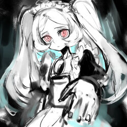  apron bloody_marie_(skullgirls) commentary_request female foreshortening hair_ornament hat maid maid_headdress monochrome notoro outstretched_arm red_eyes skull skull_hair_ornament skullgirls solo spot_color twintails white_hair 