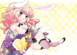  animal_ears blue_eyes breasts cleavage commentary_request female fishnet_thighhighs fishnets kuroo_(project_apricot) long_hair macross macross_frontier medium_breasts photoshop_(medium) pink_hair rabbit_ears sheryl_nome solo thighhighs 