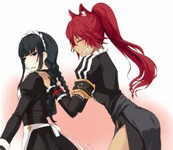  black_hair blush braid jing_hu lupusregina_beta maid maid_apron maid_headdress narberal_gamma overlord_(maruyama) ponytail push red_hair twin_braids 