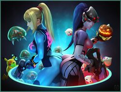  2girls 3d ass-to-ass back-to-back blonde_hair blue_eyes commentary crossover english_commentary gun handgun highres holding holding_gun holding_weapon jack-o&#039;-lantern looking_at_viewer md5_mismatch metroid metroid_(creature) multiple_girls overwatch overwatch_1 pachimari paralyzer pikachu pokemon pokemon_(creature) ponytail pumpkin samus_aran source_filmmaker_(medium) super_smash_bros. tattoo urbanator weapon widowmaker_(overwatch) yellow_eyes zero_suit 