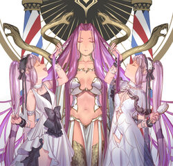  3girls arm_up armlet bad_id bad_pixiv_id bonnet bracelet breasts brush capelet closed_eyes commentary_request dress emmmerald euryale_(fate) euryale_(third_ascension)_(fate) facial_mark fate/grand_order fate/hollow_ataraxia fate/stay_night fate_(series) gorgon_(fate) gorgon_(third_ascension)_(fate) hair_brush hairband holding holding_another&#039;s_hair holding_brush holding_scissors jewelry large_breasts lolita_hairband long_hair medusa_(fate) multiple_girls navel necklace open_mouth pearl_necklace pelvic_curtain purple_hair revision scissors siblings sisters sleeveless sleeveless_dress small_breasts smile stheno_(fate) stheno_(third_ascension)_(fate) strapless twins twintails very_long_hair white_background white_dress 