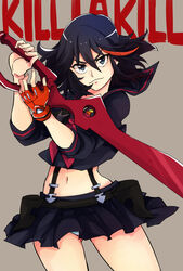  black_hair commentary female gloves highres kill_la_kill matoi_ryuuko midriff multicolored_hair navel school_uniform scissor_blade_(kill_la_kill) senketsu serafuku short_hair single_glove solo streaked_hair suspenders symbol-only_commentary weapon yunkru 