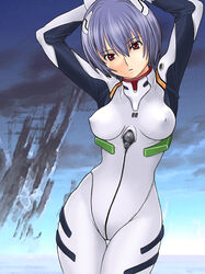  armpits arms_behind_head arms_up ayanami_rei blue_background blue_hair bodysuit breasts covered_nipples cowboy_shot expressionless female hair_between_eyes highres interface_headset large_breasts looking_ahead neon_genesis_evangelion non-web_source pilot_suit plugsuit red_eyes science_fiction senbata-rou short_hair solo standing thigh_gap white_bodysuit 