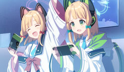  2girls animal_ear_headphones animal_ears arm_up blonde_hair blue_archive blue_necktie cat_ear_headphones cat_tail closed_eyes fake_animal_ears hair_ribbon halo handheld_game_console headphones highres holding holding_handheld_game_console ikawa_waki jacket midori_(blue_archive) momoi_(blue_archive) multiple_girls necktie nintendo_switch off_shoulder playing_games ribbon school_uniform shirt siblings sisters tail tearing_up teeth twins upper_teeth_only white_shirt 