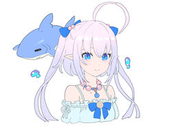  ahoge bead_necklace beads blue_bow blue_dress bow closed_mouth copyright_request dress female hair_beads hair_ornament jewelry long_hair looking_at_viewer nagisa_kurousagi necklace pink_hair pointy_ears purple_hair shark simple_background smile solo twintails upper_body virtual_youtuber white_background 