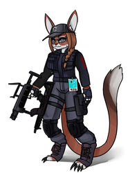  2022 absurd_res alternate_species anthro ash_(rainbow_six) blue_byte_(game_developer) bottomwear braided_hair claws clothing digitigrade eyewear female gloves gun hair handwear hat headgear headwear hi_res holding_gun holding_object holding_ranged_weapon holding_weapon lexx2dot0 looking_at_viewer mammal pants rainbow_six rainbow_six:_siege ranged_weapon rodent simple_background solo standing sunglasses tom_clancy&#039;s_(series) ubisoft weapon white_background 