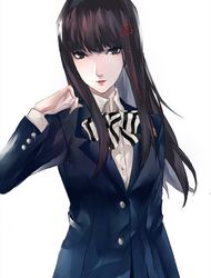  arm_up bad_id bad_twitter_id black_eyes black_hair blazer blunt_bangs bow bowtie breasts buttons closed_mouth collared_shirt female hair_ornament highres hime_cut jacket kosei_high_school_uniform long_hair looking_at_viewer multicolored_bow persona persona_5 pertex_777 pleated_skirt school_uniform shirt simple_background skirt solo tougou_hifumi white_background white_shirt 