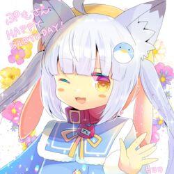  +_+ ;d ahoge animal_ear_fluff animal_ears blue_dress blue_flower blush blush_stickers brown_eyes collar commentary_request dress female floral_background flower fur-trimmed_sleeves fur_trim hair_ornament happy_birthday hat kou_hiyoyo long_hair long_sleeves oerba_yun_fang one_eye_closed open_mouth original penguin_hair_ornament purple_flower red_collar ribbon smile solo translation_request twintails upper_body white_hair yellow_flower yellow_hat yellow_ribbon 