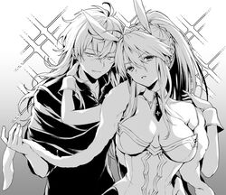  1boy ahoge animal_ears artoria_pendragon_(fate) artoria_pendragon_(swimsuit_ruler)_(fate) bare_shoulders braid breasts cleavage clothing_cutout collared_shirt detached_collar earrings fate/grand_order fate_(series) feather_boa female french_braid greyscale hair_between_eyes highleg highleg_leotard jewelry large_breasts leotard long_hair long_sleeves looking_at_viewer looking_to_the_side merlin_(camelot_&amp;_co)_(fate) merlin_(fate) monochrome navel navel_cutout necktie pantyhose playboy_bunny ponytail rabbit_ears scarf shirt sidelocks sparkle tiara very_long_hair vivi_(eve_no_hakoniwa) wrist_cuffs 