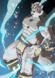  1boy abs absurdres ainu_clothes animal_ears bad_id bad_pixiv_id bara bare_pectorals bulge chest_hair feet_out_of_frame fighting_stance frown furry furry_male glowing grey_hair headband highres horkeu_kamui ioenami large_pectorals large_tail male_focus muscular muscular_male navel nipples no_shirt pectorals pelvic_curtain revealing_clothes short_hair snow solo stomach tail thick_thighs thighs tokyo_afterschool_summoners two-tone_fur white_fur white_hair wind wolf_boy wolf_ears wolf_tail yellow_eyes 