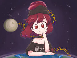  bare_shoulders black_choker black_headwear black_shirt breasts chains choker closed_mouth clothes_writing cloud earth_(planet) female giant giantess gold_chain hand_on_own_face hand_up hecatia_lapislazuli highres keb00b looking_at_viewer medium_breasts medium_hair moon moon_(ornament) night night_sky off_shoulder planet red_eyes red_hair red_headwear shirt short_sleeves sky smile solo space star_(sky) starry_sky t-shirt touhou 