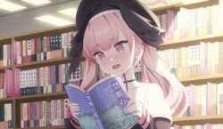  beret black_serafuku blue_archive blush book bookshelf check_translation collarbone female halo hat head_wings highres holding holding_book ikawa_waki koharu_(blue_archive) library off_shoulder open_mouth pink_hair reading school_uniform serafuku shelf solo translation_request twintails winged_hat wings 