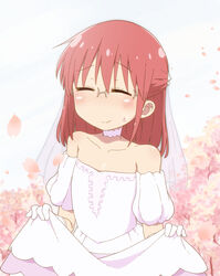  bare_shoulders blush bridal_veil cherry_blossoms choker closed_eyes collarbone detached_sleeves dress female frilled_choker frills glasses gloves kobayashi-san_chi_no_maidragon kobayashi_(maidragon) medium_hair motokazu_(dontokodon) petals red_hair semi-rimless_eyewear skirt_hold smile solo sweatdrop veil wedding_dress white_dress white_gloves 