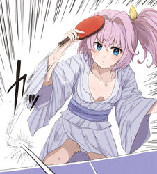  alternate_costume aqua_eyes bath_yukata downblouse female hair_intakes holding holding_paddle japanese_clothes kantai_collection kimono ld_(luna_dial398) paddle panties pink_hair shima_(pattern) shiranui_(kancolle) short_hair side_ponytail solo speed_lines striped_clothes striped_kimono sweat table_tennis table_tennis_paddle underwear vertical-striped_clothes vertical-striped_kimono white_panties yukata 