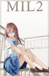  absurdres arm_around_leg artist_name bad_id bad_pixiv_id blue_eyes blue_skirt brown_hair cowlick female hair_between_eyes highres light_smile long_hair looking_at_viewer mile_(mil2) on_ground original school_uniform sitting skirt solo uniform 