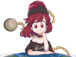  bare_shoulders black_choker black_headwear black_shirt breasts chains choker closed_mouth clothes_writing cloud earth_(planet) female giant giantess gold_chain hand_on_own_face hand_up hecatia_lapislazuli highres keb00b looking_at_viewer medium_breasts medium_hair moon moon_(ornament) off_shoulder planet red_eyes red_hair red_headwear shirt short_sleeves simple_background sky smile solo t-shirt touhou white_background 