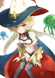  absurdres alternate_costume alternate_hairstyle anzo_(anzu_elichi0928) ball bare_shoulders blonde_hair blue_eyes braid cape carol_malus_dienheim elbow_gloves female from_above garter_straps gem gloves hat highres jellyfish long_hair looking_at_viewer midriff navel senki_zesshou_symphogear senki_zesshou_symphogear_xd_unlimited simple_background sitting solo swimsuit thighhighs twintails very_long_hair white_background witch_hat 