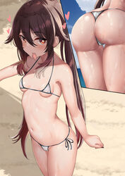  alternate_costume ass bare_shoulders beach bikini blue_sky blush breasts cameltoe close-up commentary condom condom_in_mouth female from_behind genshin_impact heart highres hu_tao_(genshin_impact) looking_at_viewer micro_bikini mouth_hold multiple_views navel sand side-tie_bikini_bottom sky small_breasts smile stomach swimsuit symbol-shaped_pupils takenoko_pengin twintails underboob wet white_bikini 