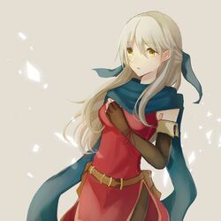  bangle bare_shoulders belt black_gloves black_pantyhose blue_scarf bracelet dress elbow_gloves female fingerless_gloves fire_emblem fire_emblem:_radiant_dawn gloves hair_ribbon half_updo jewelry long_hair micaiah_(fire_emblem) miroia pantyhose ribbon scarf shattered side_slit silver_background simple_background sleeveless sleeveless_dress solo white_hair yellow_eyes 