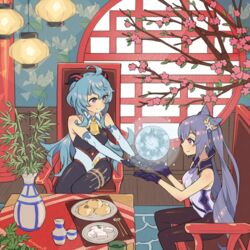  2girls ahoge bamboo bare_shoulders bell blue_carpet blue_hair bodystocking braid branch breasts bun_(food) carpet chair cherry_blossoms chopsticks collared_dress commentary cone_hair_bun cowbell cup detached_sleeves double_bun dress elbow_gloves flower flower_pot food ganyu_(genshin_impact) genshin_impact gloves goat_horns gold_trim hair_between_eyes hair_bun hair_ornament hairpin horns indoors keqing_(genshin_impact) kyouyasai4423 lantern lattice long_hair medium_breasts multiple_girls neck_bell pantyhose plate purple_dress purple_eyes purple_gloves purple_hair round_window sitting smile table tea teacup tofu vase white_flower window wooden_floor 