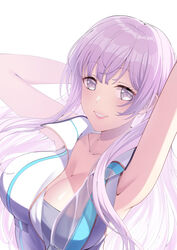  absurdres arm_behind_head armpits arms_up bare_arms bare_shoulders breasts cleavage collarbone commentary d4dj female floating_hair grey_eyes grey_shirt grin highres izumo_saki kzu_(kougami) large_breasts long_hair looking_at_viewer parted_lips partially_unzipped purple_hair see-through shirt sidelocks simple_background sleeveless sleeveless_shirt smile solo upper_body white_background white_shirt 