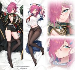  aiguillette arm_up armpits arms_up artist_name azur_lane bed_sheet billie_(meng_gong_fang) black_coat black_legwear black_sleeves blue_ribbon blue_sailor_collar blue_skirt blush breasts clothes_pull coat commentary_request dakimakura_(medium) dated earrings epaulettes eyes_visible_through_hair female full_body gloves green_eyes hair_between_eyes hair_ornament hair_over_one_eye hairclip holding holding_pen jewelry large_breasts long_hair looking_at_viewer lying military military_uniform miniskirt mole mole_on_body mole_under_eye multiple_views neckerchief no_shoes official_alternate_costume on_back panties panties_under_pantyhose pantyhose pantyhose_pull paper pen pink_hair pleated_skirt ponytail red_neckerchief ribbon sailor_collar school_uniform shadow shirt shirt_overhang short_sleeves shrug_(clothing) sideboob sidelocks skirt smartwatch smile tabard thighband_pantyhose trieste_(azur_lane) trieste_(rooftop_lunch_break)_(azur_lane) underwear uniform unworn_skirt watch white_gloves white_shirt wristwatch 