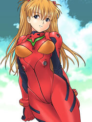  arms_at_sides blue_eyes bodysuit breasts cloud covered_nipples cowboy_shot curled_fingers day female hair_between_eyes highres interface_headset large_breasts long_hair looking_away neon_genesis_evangelion non-web_source orange_hair outdoors parted_lips plugsuit red_bodysuit senbata-rou sky solo souryuu_asuka_langley 