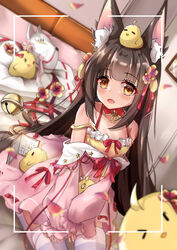  absurdres animal animal_ear_fluff animal_ears animal_on_head azur_lane bird black_hair brown_eyes camisole chick dress dutch_angle female fox_ears fox_mask highres long_hair long_sleeves manjuu_(azur_lane) mask md5_mismatch nagato-chan nagato_(azur_lane) nagato_(guardian_fox&#039;s_vacation)_(azur_lane) off_shoulder official_alternate_costume on_head pink_dress puffy_long_sleeves puffy_sleeves revision seiza sitting sleeves_past_wrists solo thighhighs unworn_mask very_long_hair viewfinder white_thighhighs yellow_camisole 