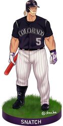  1boy baseball_bat baseball_helmet baseball_uniform black_footwear black_shirt boku_no_hero_academia character_name clenched_hand colorado_rockies facial_hair full_body gloves grass helmet jersey major_league_baseball male_focus moustache muscular muscular_male old old_man ono_(ohno_ha) pants ponytail protected_link shirt snatch_(boku_no_hero_academia) solo sportswear standing striped_clothes striped_pants white_hair 