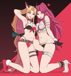  2girls :d ;p angela_(seiken_densetsu_3) animal_ear_fluff animal_ears arm_behind_head arm_up armlet armor armpits belt belt_buckle bikini bikini_armor bikini_pull black_gloves blood blue_eyes bow breast_press breasts buckle cleavage clothes_pull commentary_request earrings fenrir_knight forehead full_body fur-trimmed_bikini fur-trimmed_footwear fur-trimmed_gloves fur_trim gloves green_bow green_eyes hairbow high_heels holding_hands jewelry kneeling long_hair looking_at_viewer low-tied_long_hair magus_(seiken_densetsu_3) medium_breasts mizuno_(pixiv31352320) multiple_girls navel necklace on_one_knee one_eye_closed open_mouth parted_bangs photoshop_(medium) pointy_ears pulling_own_clothes purple_hair red_footwear riesz seiken_densetsu seiken_densetsu_3 sidelocks smile stomach swimsuit symmetrical_docking thigh_strap thighlet tongue tongue_out two-tone_background two-tone_bikini very_long_hair white_footwear 