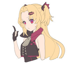  black_gloves black_jacket blonde_hair copyright_request cropped_jacket cropped_torso female gloves highres index_finger_raised jacket long_hair looking_at_viewer multicolored multicolored_eyes nagisa_kurousagi partly_fingerless_gloves purple_eyes red_eyes simple_background sleeveless sleeveless_jacket solo two_side_up virtual_youtuber white_background zipper zipper_pull_tab 