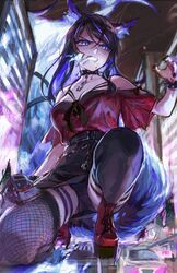  absurdres animal_ears ass_visible_through_thighs black_hair black_panties blue_eyes blue_fire blue_hair bracelet breasts car cleavage clenched_teeth collar crotch english_commentary female fire giant giantess highres indie_virtual_youtuber jewelry large_breasts looking_to_the_side motor_vehicle multicolored_hair on_one_knee open_hand panties second-party_source sinder_(vtuber) sinder_(vtuber)_(1st_costume) solo spiked_bracelet spiked_collar spikes streaked_hair teeth tentsuu_(tentwo) thigh_strap thighhighs underwear upskirt v-shaped_eyebrows virtual_youtuber wolf_ears 