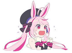  ahoge animal_ears arm_garter black_bow black_headwear bow bunny_ears copyright_request cropped_torso female fingernails flying_teardrops gloves hands_up hat long_hair looking_at_viewer nagisa_kurousagi open_mouth pink_hair red_eyes simple_background solo striped striped_bow tears twintails virtual_youtuber white_background white_gloves wristband 