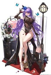  animal arm_up armpits bag bare_legs bare_shoulders bipod black_gloves black_hairband blue_flower blue_rose bottle bouquet box breasts brown_dress bug butterfly chest_of_drawers collared_dress commentary covered_navel cup dinergate_(girls&#039;_frontline) drawer dress drinking_glass earrings elbow_gloves english_text female flower full_body girls&#039;_frontline gloves grin gun hair_between_eyes hair_flower hair_ornament hairband handbag high_heels highres holding jewelry lamppost large_breasts light_machine_gun long_hair looking_at_viewer necklace non-humanoid_robot official_alternate_costume official_art on_stool panties panty_straps pearl_necklace pelvic_curtain pink_bag pouring pouring_onto_self purple_hair red_eyes robot rose sangvis_ferri skindentation sleeveless sleeveless_dress smile solo string_panties taut_clothes taut_dress thighs two-tone_hairband underwear unworn_bag very_long_hair weapon white_flower white_hairband whoisshe wine_glass zb-26 zb-26_(girls&#039;_frontline) zb-26_(swaying_black_rose)_(girls&#039;_frontline) 