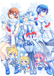  1other 2boys 4girls blonde_hair blue_eyes blue_hair blue_necktie blue_scarf boots bow brown_hair coat commentary crop_top earmuffs feathers full_body glowing grey_pants grey_shorts grey_skirt grey_sleeves hair_ornament hairband hairbow hairclip hatsune_miku headset holding holding_feather kagamine_len kagamine_rin kairi_(oro-n) kaito_(vocaloid) knee_boots leaning_forward leg_warmers light_blue_hair long_hair looking_at_viewer megurine_luka meiko_(vocaloid) midriff mini_person miniboy minigirl miniskirt mittens multiple_boys multiple_girls necktie one_eye_closed open_mouth pants pink_hair pleated_skirt rabbit rabbit_yukine red_feathers scarf shirt short_hair short_ponytail shorts silver_legwear skirt sleeveless sleeveless_shirt smile snowflake_background snowflake_print spiked_hair swept_bangs thighhighs vocaloid white_background white_bow white_coat white_mittens white_scarf white_shirt white_skirt yuki_kaito yuki_len yuki_luka yuki_meiko yuki_miku yuki_miku_(2011) yuki_rin zettai_ryouiki 