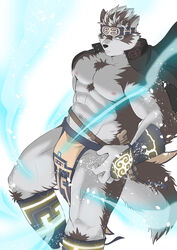  1boy abs absurdres ainu_clothes animal_ears bad_id bad_pixiv_id bara bare_pectorals bulge chest_hair feet_out_of_frame fighting_stance frown furry furry_male glowing grey_hair headband highres horkeu_kamui ioenami large_pectorals large_tail male_focus muscular muscular_male navel nipples no_shirt pectorals pelvic_curtain revealing_clothes short_hair simple_background snow solo stomach tail thick_thighs thighs tokyo_afterschool_summoners two-tone_fur white_background white_fur white_hair wind wolf_boy wolf_ears wolf_tail yellow_eyes 