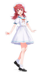  :d black_footwear commentary_request dress female full_body hat highres idolmaster idolmaster_shiny_colors komiya_kaho loafers long_hair looking_at_viewer medium_hair open_mouth red_eyes red_hair sailor_dress sailor_hat shoes simple_background smile socks solo suke_(momijigari) white_background white_hat white_socks 