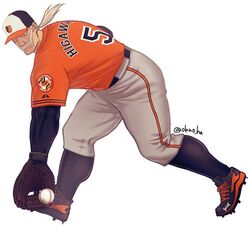  1boy baltimore_orioles baseball baseball_cap baseball_mitt baseball_uniform boku_no_hero_academia cleats facial_hair hat jersey long_hair lowres major_league_baseball male_focus moustache muscular muscular_male old old_man ono_(ohno_ha) ponytail protected_link simple_background snatch_(boku_no_hero_academia) sportswear twitter_username white_background white_hair 