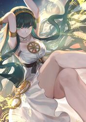  arms_up blunt_bangs blush bracelet breasts choker cleopatra_(fate) cleopatra_(third_ascension)_(fate) crossed_legs earrings fate/grand_order fate_(series) female floating_hair green_eyes green_hair hairband highres hoop_earrings jewelry large_breasts long_hair looking_at_viewer mashuu_(neko_no_oyashiro) necklace ring shorts sidelocks sitting smile solo very_long_hair 