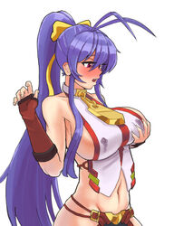  antenna_hair armpit_peek backless_outfit bare_shoulders blazblue blazblue_variable_heart blue_hair blush breasts collarbone covered_nipples donburi_(donburikazoku) female fingerless_gloves gloves groin hand_on_own_chest highres hip_vent lactation lactation_through_clothes large_breasts long_hair mai_natsume midriff navel nose_blush open_mouth partially_fingerless_gloves pink_eyes ponytail sideboob sideless_outfit simple_background solo very_long_hair white_background 