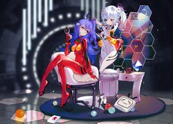  2girls absurdres adjusting_hair ahoge angel_(evangelion) armchair ayanami_rei ayanami_rei_(cosplay) bili_girl_22 bili_girl_33 bilibili blue_hair bodysuit breasts cellphone chair cosplay english_commentary flip_phone full_body grandia_lee hexagon highres interface_headset light_smile long_hair looking_at_another medium_hair multiple_girls neon_genesis_evangelion nerv phone pilot_suit play_button plugsuit rebuild_of_evangelion red_bodysuit sachiel_(evangelion) sitting skin_tight small_breasts souryuu_asuka_langley souryuu_asuka_langley_(cosplay) stool twintails wall_panel white_bodysuit white_hair 