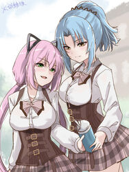  2girls animal_ears arm_at_side assault_lily belt belt_buckle black_hairband blue_hair blue_sky blurry blurry_background bottle bow bowtie breasts brown_belt brown_skirt buckle building buttons cat_ears closed_mouth cloud collared_shirt commentary corset cowboy_shot day drinking_straw fake_animal_ears giving green_eyes hair_between_eyes hair_ornament hairband height_difference high_ponytail highres holding holding_bottle large_breasts light_blush light_smile long_hair long_sleeves looking_at_another looking_down looking_to_the_side looking_up low_twintails ludvico_private_girls&#039;_academy_school_uniform makino_mitake miniskirt multiple_belts multiple_girls outdoors parted_bangs parted_lips pink_bow pink_bowtie pink_hair plaid plaid_skirt ponytail school_uniform see-through shirt short_hair sidelocks skirt sky smile standing suspenders sweat toda_eulalia_kotohi translated twintails underbust urutsu_sahari very_long_hair water_bottle wet wet_clothes wet_shirt white_shirt yellow_eyes 