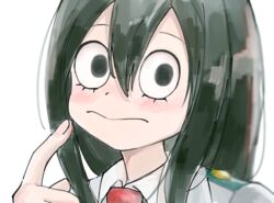  :&gt; asui_tsuyu boku_no_hero_academia closed_mouth commentary_request female finger_to_mouth green_eyes green_hair hair_between_eyes long_hair low-tied_long_hair necktie partial_commentary red_necktie school_uniform solo u.a._school_uniform uzura_(piroro-foo) white_background 