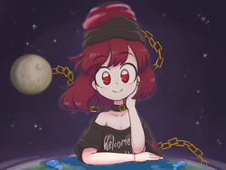  bare_shoulders black_choker black_headwear black_shirt breasts chains choker closed_mouth clothes_writing cloud earth_(planet) female giant giantess gold_chain hand_on_own_face hand_up hecatia_lapislazuli highres keb00b looking_at_viewer medium_breasts medium_hair moon moon_(ornament) night night_sky off_shoulder planet red_eyes red_hair red_headwear shirt short_sleeves sky smile solo space star_(sky) starry_sky t-shirt touhou 