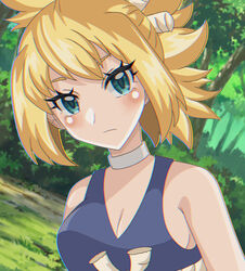  bare_arms blonde_hair blue_dress blue_eyes blush breasts chromatic_aberration closed_mouth commentary_request dr._stone dress female forest frown green_eyes highres kohaku_(dr._stone) looking_at_viewer nature partial_commentary ponytail shiki_(kisikisi1007) solo tree upper_body 