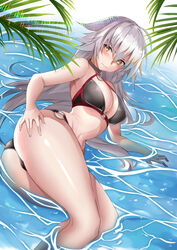  absurdres ahoge bikini black_bikini black_choker breasts choker cleavage closed_mouth commentary day english_commentary fate/grand_order fate_(series) female grey_hair highres jeanne_d&#039;arc_alter_(fate) jeanne_d&#039;arc_alter_(swimsuit_berserker)_(fate) large_breasts light_rays long_hair lying lying_on_water navel o-ring o-ring_bikini o-ring_bottom o-ring_top on_side outdoors palms pat_bharasarn shallow_water swimsuit very_long_hair water yellow_eyes 