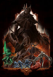  antique_firearm bloodborne blunderbuss breath_weapon breathing_fire coat dark_background dave_rapoza fire flower glowing glowing_sword glowing_weapon grey_hair gun hat hat_feather highres horns hunter_(bloodborne) lady_maria_of_the_astral_clocktower laurence_the_first_vicar living_failures ludwig_the_accursed mask monster moonlight_greatsword mouth_mask orphan_of_kos saw saw_cleaver sunflower tricorne weapon 