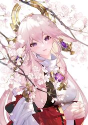  animal_ears cherry_blossoms detached_sleeves earrings female floral_background flower fox_ears genshin_impact hair_between_eyes hair_ornament head_tilt highres japanese_clothes jewelry long_hair looking_at_viewer nido_celisius parted_lips pink_hair purple_eyes ribbon-trimmed_sleeves ribbon_trim sidelocks smile solo wide_sleeves yae_miko 