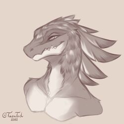  1:1 anthro bust_portrait dinosaur dromaeosaurid extinct feathered_dinosaur feathered_raptor feathered_scalie feathers hi_res monochrome portrait prehistoric_species reptile scalie simple_background sly snaggle_tooth solo tazatail theropod 